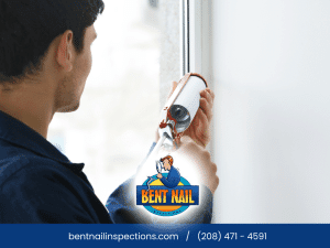 Home inspector sealing window frame to prevent water intrusion, Bent Nail Inspections