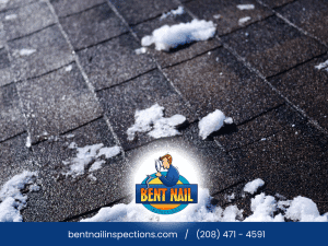 Roof shingles with snow during an inspection in Boise, ID home.