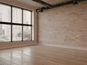 Empty commercial interior space with exposed ductwork and brick wall in Boise, ID during inspection.