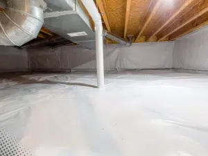 Encapsulated crawl space with vapor barrier in a Boise, ID home during inspection.