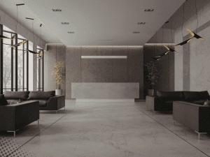 Modern commercial lobby with seating and reception desk in Boise, ID during inspection.