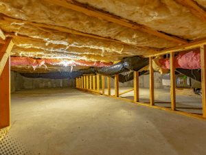 Crawl space with insulation, ductwork, and framing in a Boise, ID home during inspection.