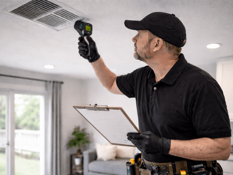 Technician using an infrared thermometer to inspect HVAC ductwork in Boise, ID home during maintenance inspection.