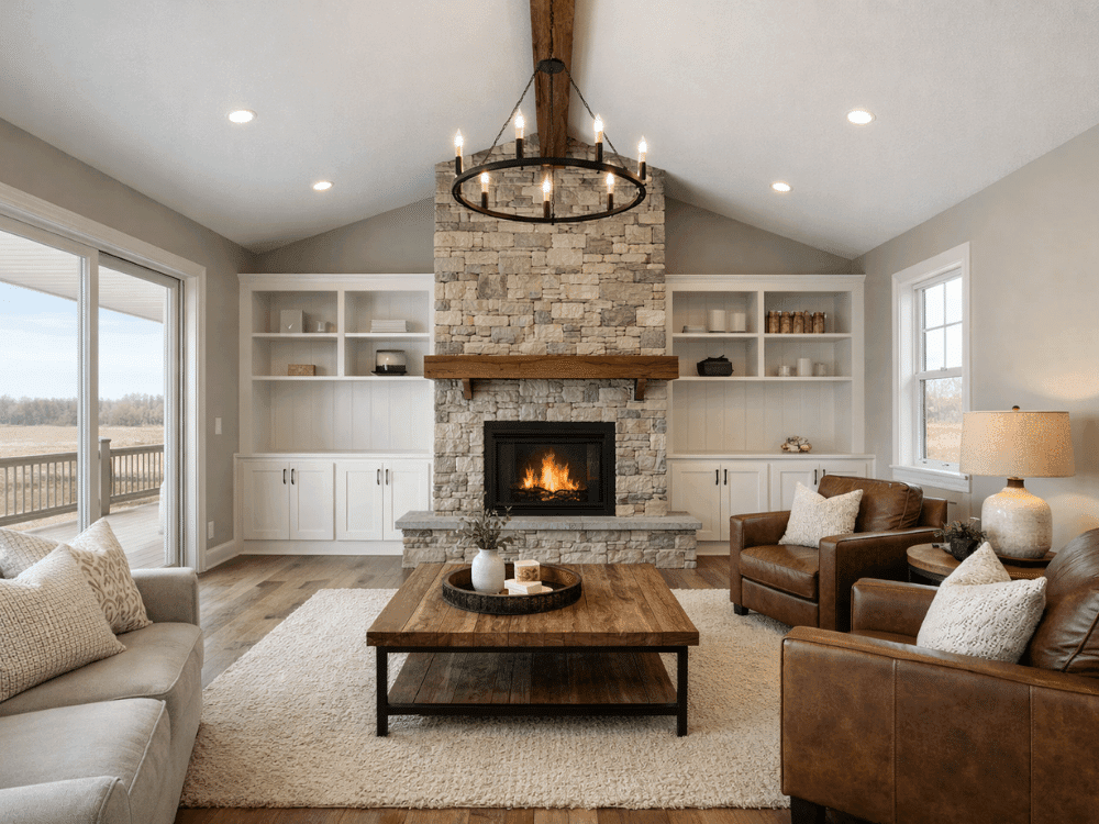 New construction living room with a stone fireplace, part of a home inspection in Boise, ID.