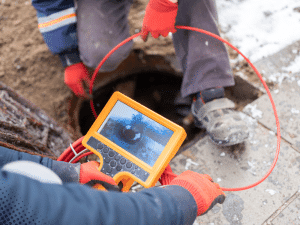 Technicians performing sewer scope inspection in Boise, ID with a camera monitor.
