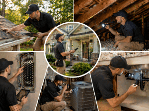 Home inspector checking roof, electrical panel, attic, HVAC system, plumbing, and exterior of a home in Boise, ID.