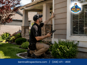 Home inspector checking exterior siding of a home in Boise, ID.
